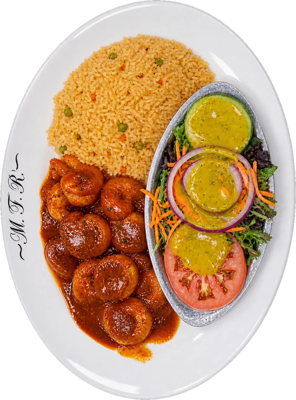 Camarones a la Diabla — grilled shrimp in a spicy red sauce with rice and salad