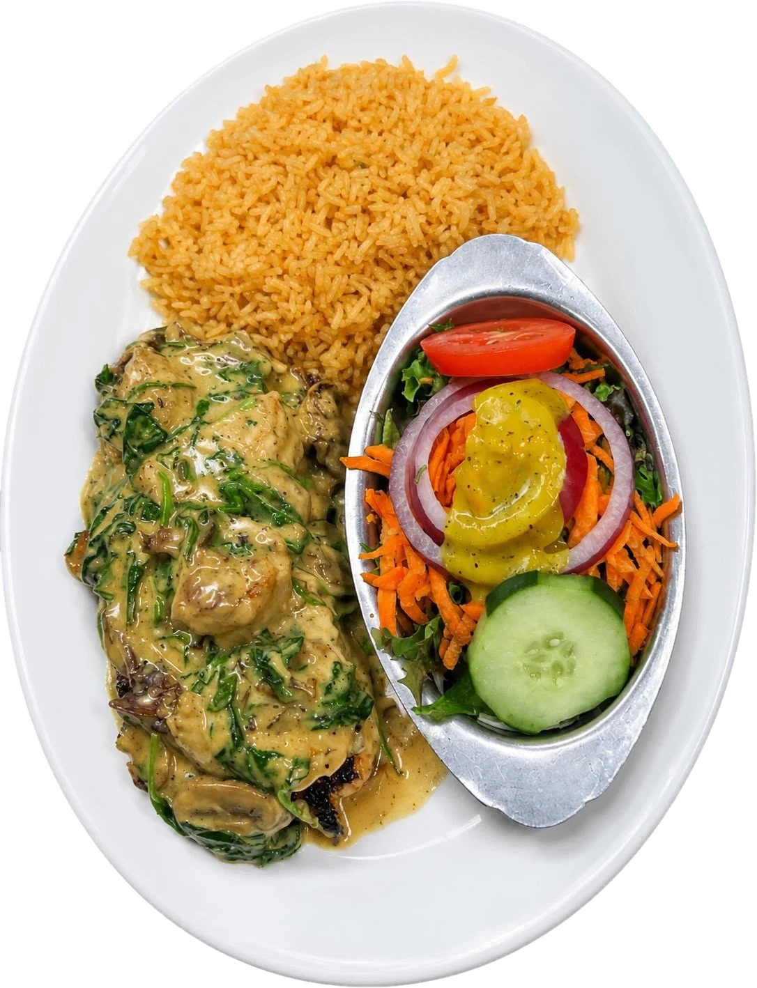 Salmon Azteca topped with shrimp, mushrooms and spinach cream sauce
